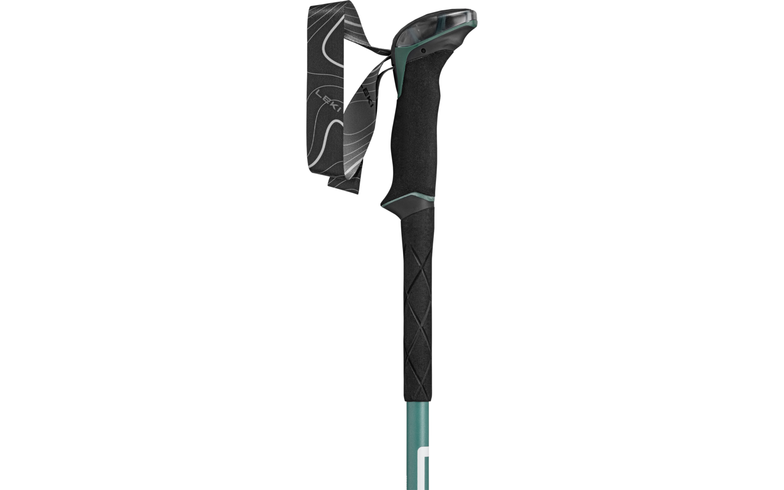 Poignée et partie supérieure d'une perche avec une poignée noire rembourrée, une dragonne noire à motif blanc et une tige turquoise