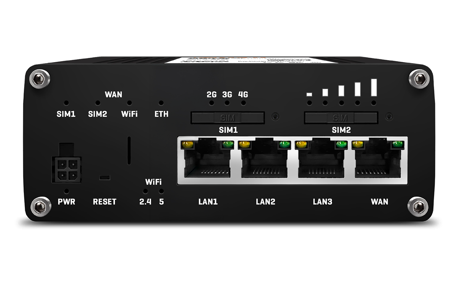 Rückseite eines schwarzen Netzwerkgeräts mit vier Schrauben an den Ecken, links die Beschriftungen 'PWR' und 'RESET', mittig vier Ethernet-Anschlüsse mit grünen und gelben LEDs beschriftet 'LAN1', 'LAN2', 'LAN3' und 'WAN', darüber die Beschriftungen 