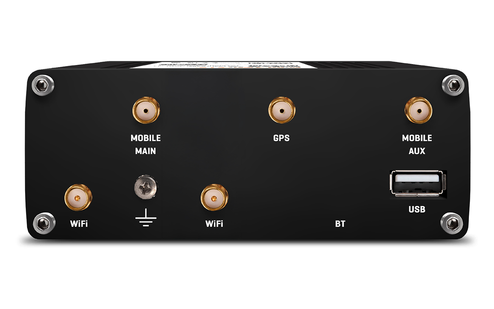 Schwarzes Frontpanel mit sechs goldfarbigen runden Anschlussbuchsen, einem silbernen Stift mit Erdungssymbol, einer USB‑A‑Buchse, Beschriftungen 'MOBILE MAIN', 'GPS', 'MOBILE AUX', 'WIFI', 'WIFI', 'BT' und zwei sichtbaren Schrauben