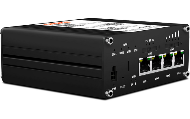 Schwarzes rechteckiges Metallgehäuse mit vier RJ45-Netzwerkanschlüssen, LED-Anzeigen, Schrauben und QR-Code-Aufkleber auf der Oberseite