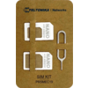 Braune Kartonkarte mit Teltonika Networks-Logo, zwei silberne Nano‑SIM‑Adapter mit Aufdruck 'NANO sim adapter', U‑förmige Metallnadel, unten 'SIM KIT PR5MEC19'