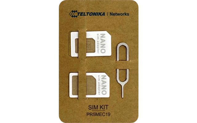 Braune Kartonkarte mit Teltonika Networks-Logo, zwei silberne Nano‑SIM‑Adapter mit Aufdruck 'NANO sim adapter', U‑förmige Metallnadel, unten 'SIM KIT PR5MEC19'