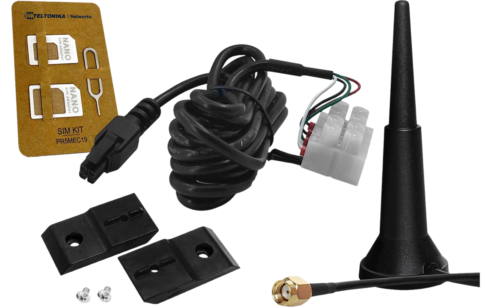 Schwarze Antenne mit Kabel und goldfarbenem SMA‑Stecker, aufgerolltes Kabel mit weißem 4‑poligem Kunststoffstecker, SIM‑Kit‑Karte, zwei schwarze Klebehalterungen und zwei kleine Schrauben