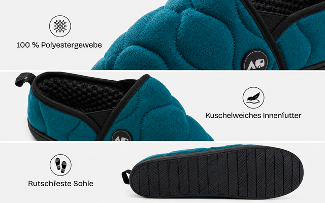Mule matelassée turquoise montrée en trois vues (vue latérale, vue avant/du dessus et semelle), doublure intérieure noire, semelle noire, logos ronds et étiquettes de texte en allemand sur fond blanc