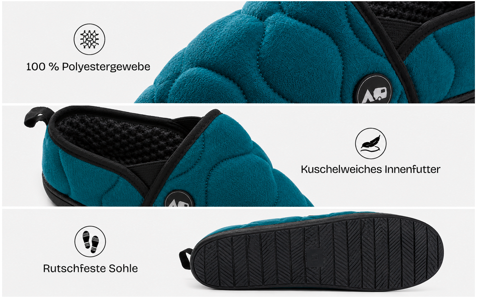 Mule matelassée turquoise montrée en trois vues (vue latérale, vue avant/du dessus et semelle), doublure intérieure noire, semelle noire, logos ronds et étiquettes de texte en allemand sur fond blanc