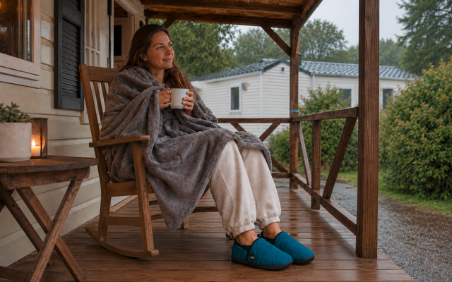 Personne assise sur un fauteuil à bascule sur une véranda en bois couverte, enveloppée d'une couverture grise, tenant une tasse blanche, portant un pantalon clair et des chaussons bleus ; bougie sur petite table, mobil-homes et arbres en arrière-plan