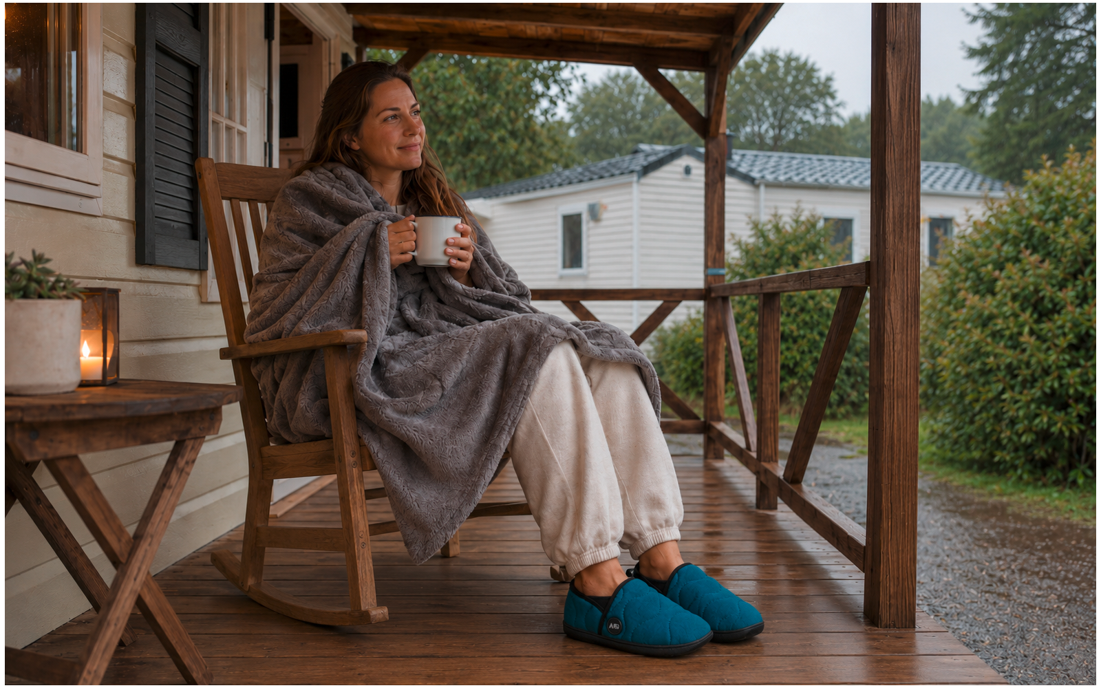 Personne assise sur un fauteuil à bascule sur une véranda en bois couverte, enveloppée d'une couverture grise, tenant une tasse blanche, portant un pantalon clair et des chaussons bleus ; bougie sur petite table, mobil-homes et arbres en arrière-plan