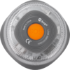 Rundes Gerät mit transparentem Kunststoffdeckel, grauem Innenring, orangefarbenem Knopf mit Text "SOS", Aufdruck "Made in China", Markenname "Berger" und CE‑Kennzeichen