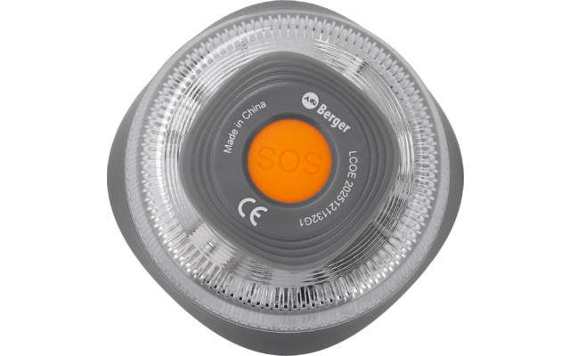 Rundes Gerät mit transparentem Kunststoffdeckel, grauem Innenring, orangefarbenem Knopf mit Text "SOS", Aufdruck "Made in China", Markenname "Berger" und CE‑Kennzeichen