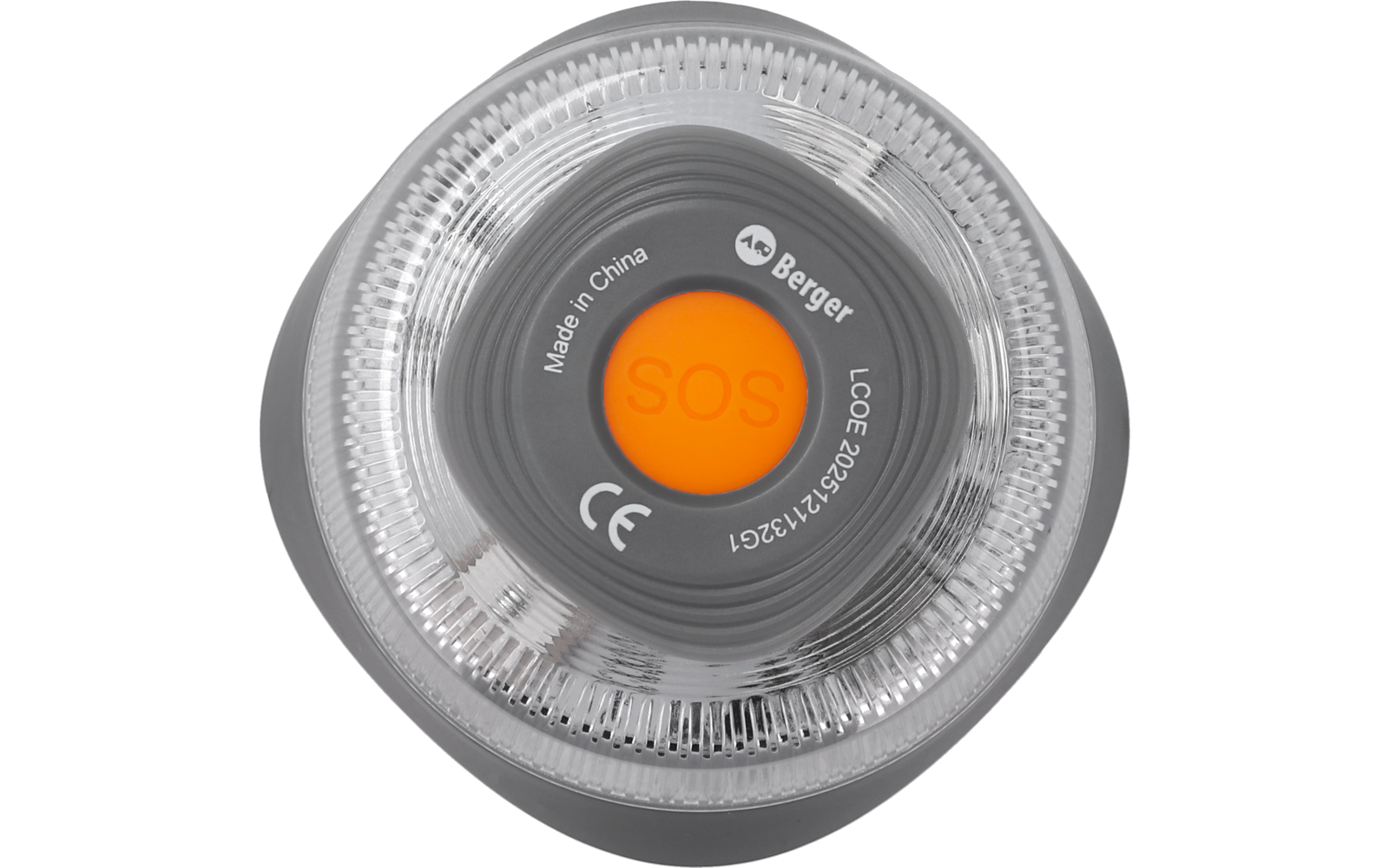 Rundes Gerät mit transparentem Kunststoffdeckel, grauem Innenring, orangefarbenem Knopf mit Text "SOS", Aufdruck "Made in China", Markenname "Berger" und CE‑Kennzeichen