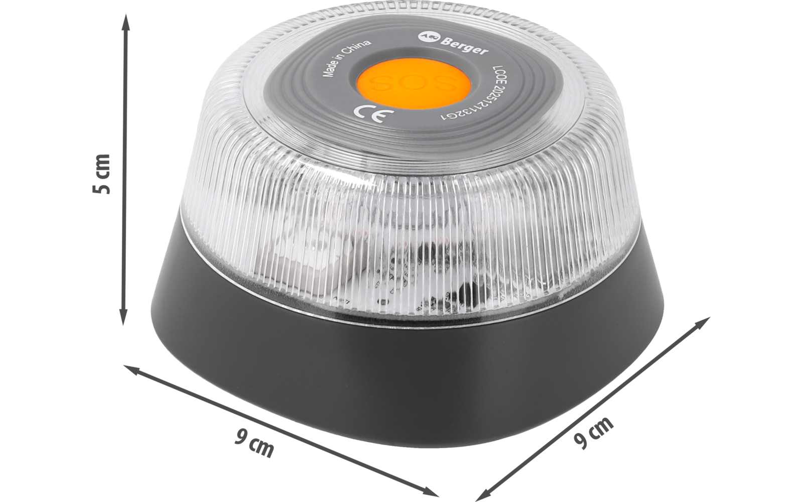 Rundes Leuchtgerät mit geriffeltem transparentem Dom, grauem Sockel, orangefarbener Taste mit Aufschrift "SOS", sichtbarer Markenname "Berger" und CE-Kennzeichen; Maßangaben "3 cm" (links), "8 cm" und "8,5 cm" (unten)