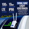 Weißes Gerät mit zwei senkrechten Antennen auf schwarzem Autodach neben der Windschutzscheibe; blauer Aufkleber am Gerät; sichtbare Texte: '100% entsperrt', 'LTE Kategorie 4', '10 WiFi Verbindungen', 'IP66 wasserdicht', 'Signal ganz leicht verstärken