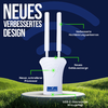 Weißes Gerät mit zwei vertikalen Antennen auf rundem Sockel, grüne Linien mit kleinen Beschriftungen zeigen Antennen und Gehäuse, großer weißer Text NEUES VERBESSERTES DESIGN links oben, dunkelblauer Hintergrund mit stilisiertem WLAN‑Symbol und grüne