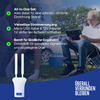 Älterer Mann sitzt auf einem Campingstuhl im Gras und nutzt ein Tablet; Kühlbox und geöffnetes Auto im Hintergrund; unten links weißes Gerät mit zwei Antennen; links drei grüne Punkt-Symbole mit deutschem Produkttext; unten rechts weißer Schriftzug '