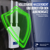 Weißes Gerät mit zwei Antennen an einer nassen Scheibe, grünes Schild-Overlay, sichtbarer Text 'VOLLSTÄNDIG WASSERDICHT UND BEREIT FÜR DEN AUSSENEINSATZ', kleiner Text 'Stabile Verbindung – bei jedem Wetter', IP66-Symbol mit 'Wetterfest für den Außen