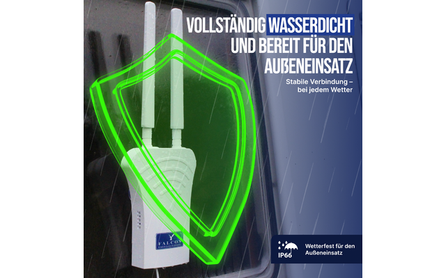 Weißes Gerät mit zwei Antennen an einer nassen Scheibe, grünes Schild-Overlay, sichtbarer Text 'VOLLSTÄNDIG WASSERDICHT UND BEREIT FÜR DEN AUSSENEINSATZ', kleiner Text 'Stabile Verbindung – bei jedem Wetter', IP66-Symbol mit 'Wetterfest für den Außen