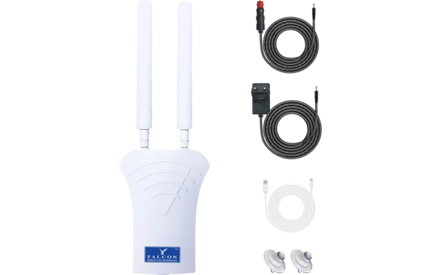 Witte behuizing met twee verticale stokantennes, blauw FALCON‑logo op de voorkant; daarnaast twee opgerolde zwarte kabels, één zwarte kabel met inline‑adapter, één witte kabel en twee transparante zuignappen