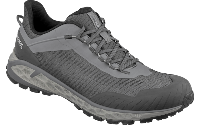 Ein einzelner grauer Schuh, Seitenansicht, Schnürsenkel, strukturierte Mesh-Oberfläche, profilierte Gummisohle, Fersenschlaufe