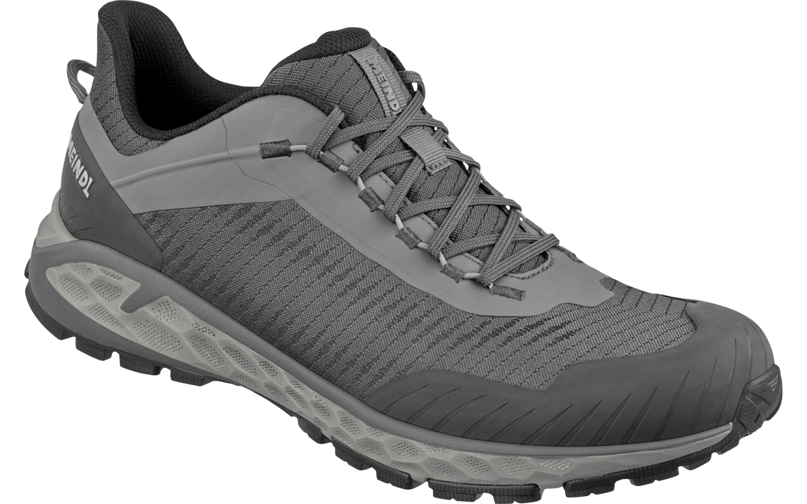 Ein einzelner grauer Schuh, Seitenansicht, Schnürsenkel, strukturierte Mesh-Oberfläche, profilierte Gummisohle, Fersenschlaufe