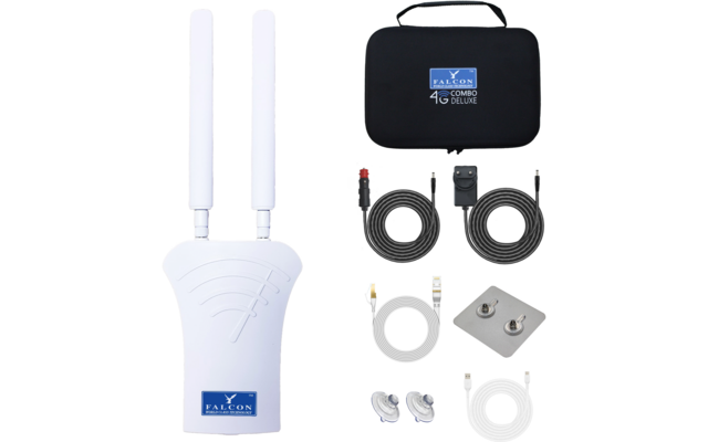 Weißes Elektronikgehäuse mit zwei senkrechten Antennenstangen; rechts eine schwarze Tragetasche mit blauem Logo; mehrere schwarze und weiße Kabel, eine rechteckige Metallplatte mit zwei Schrauben und zwei weiße Saugnäpfe