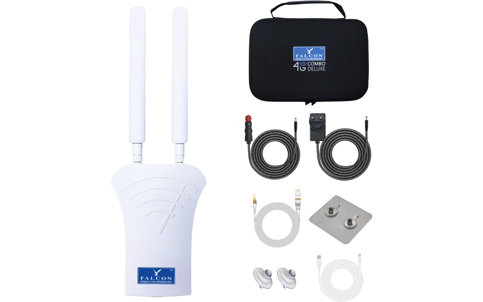Weißes Elektronikgehäuse mit zwei senkrechten Antennenstangen; rechts eine schwarze Tragetasche mit blauem Logo; mehrere schwarze und weiße Kabel, eine rechteckige Metallplatte mit zwei Schrauben und zwei weiße Saugnäpfe