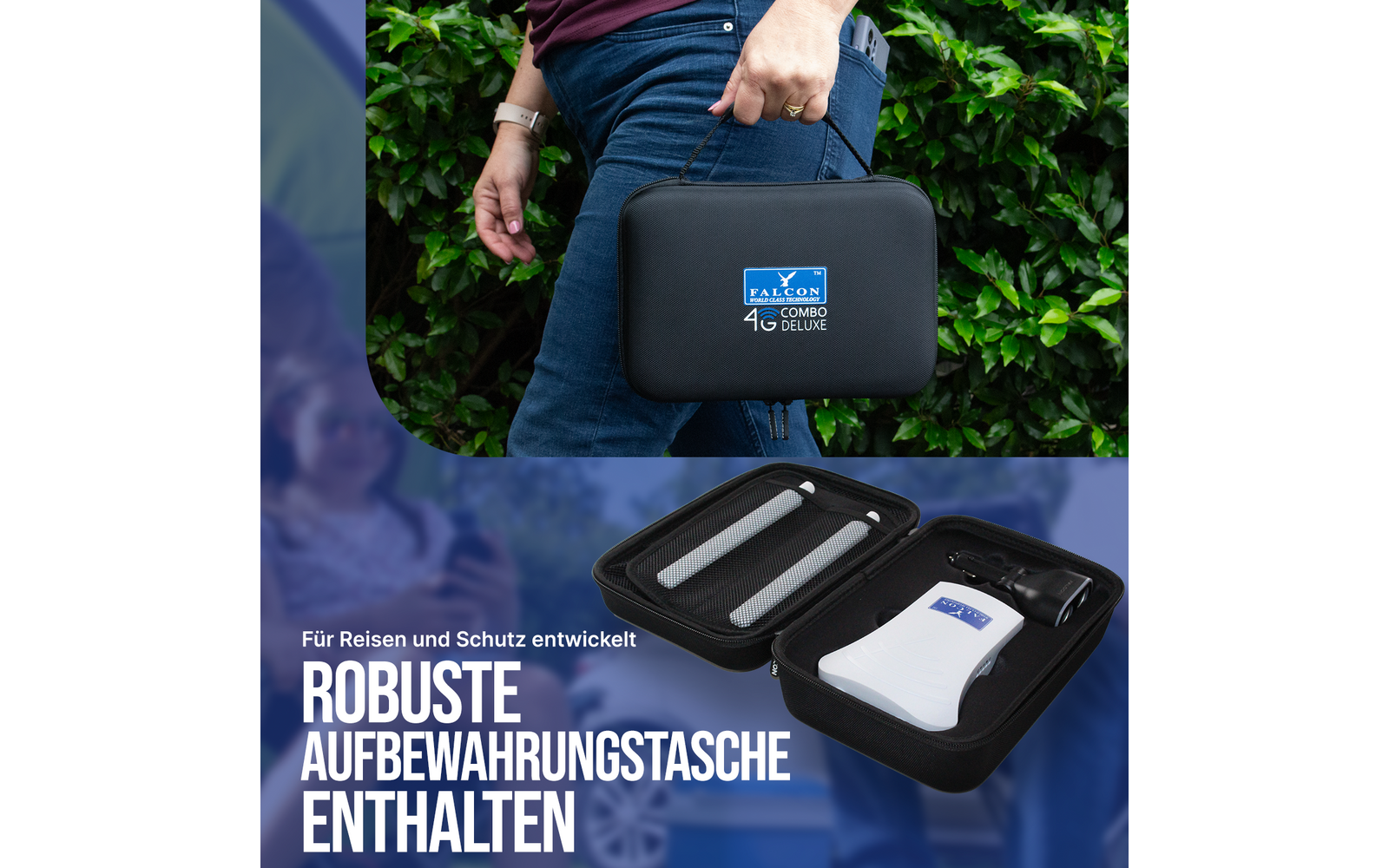 Person hält schwarze Tragetasche mit Aufschrift 'FALCON 4G COMBO DELUXE' vor grünem Gebüsch; darunter offene Tasche mit weißem Gerät, zwei länglichen Einsätzen und Kabel; weißer Werbetext auf blauem Hintergrund 'Für Reisen und Schutz entwickelt ROBUS