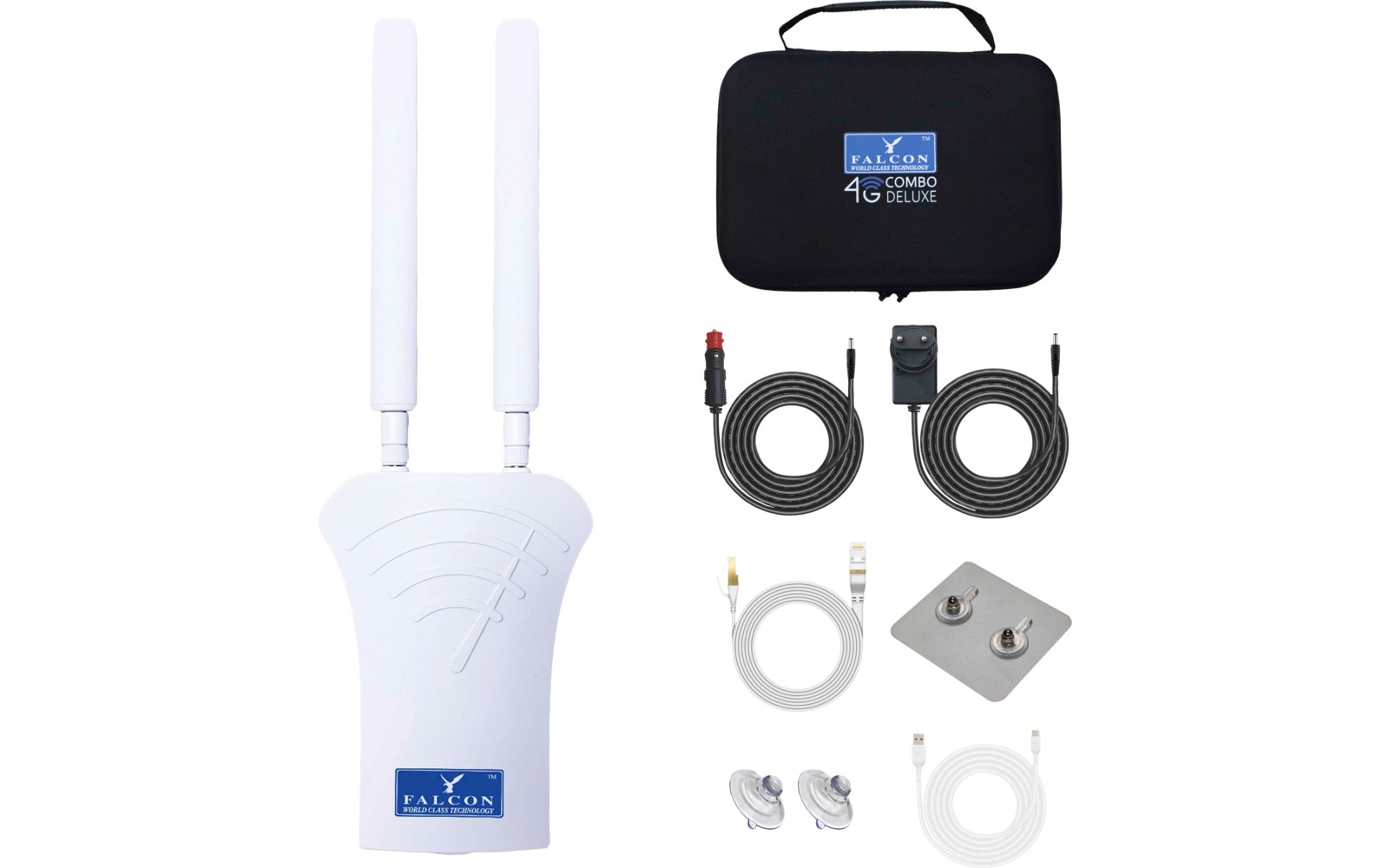 Wit elektronisch toestel met twee verticale antennestaven; rechts een zwarte draagtas met blauw logo; meerdere zwarte en witte kabels, een rechthoekige metalen plaat met twee schroeven en twee witte zuignappen