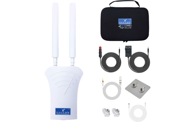 Wit elektronisch toestel met twee verticale antennestaven; rechts een zwarte draagtas met blauw logo; meerdere zwarte en witte kabels, een rechthoekige metalen plaat met twee schroeven en twee witte zuignappen