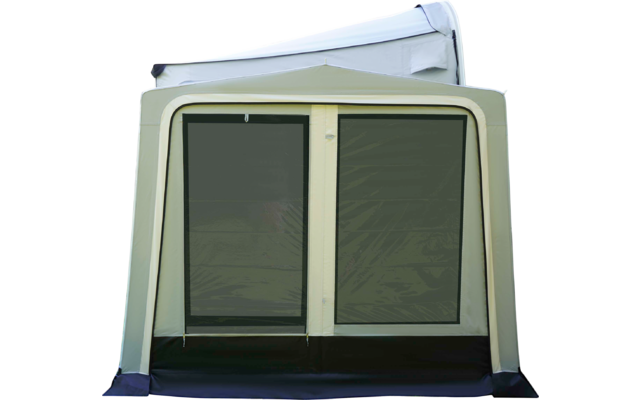 Beige Zeltstruktur mit zwei großen dunklen Netzfenstern, zentraler Reißverschluss, weißes aufgestelltes Dach, schwarzer Bodenabschluss