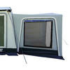 Large gray-green awning/tent with three rectangular windows, side annex with a window, guy lines and ground skirt