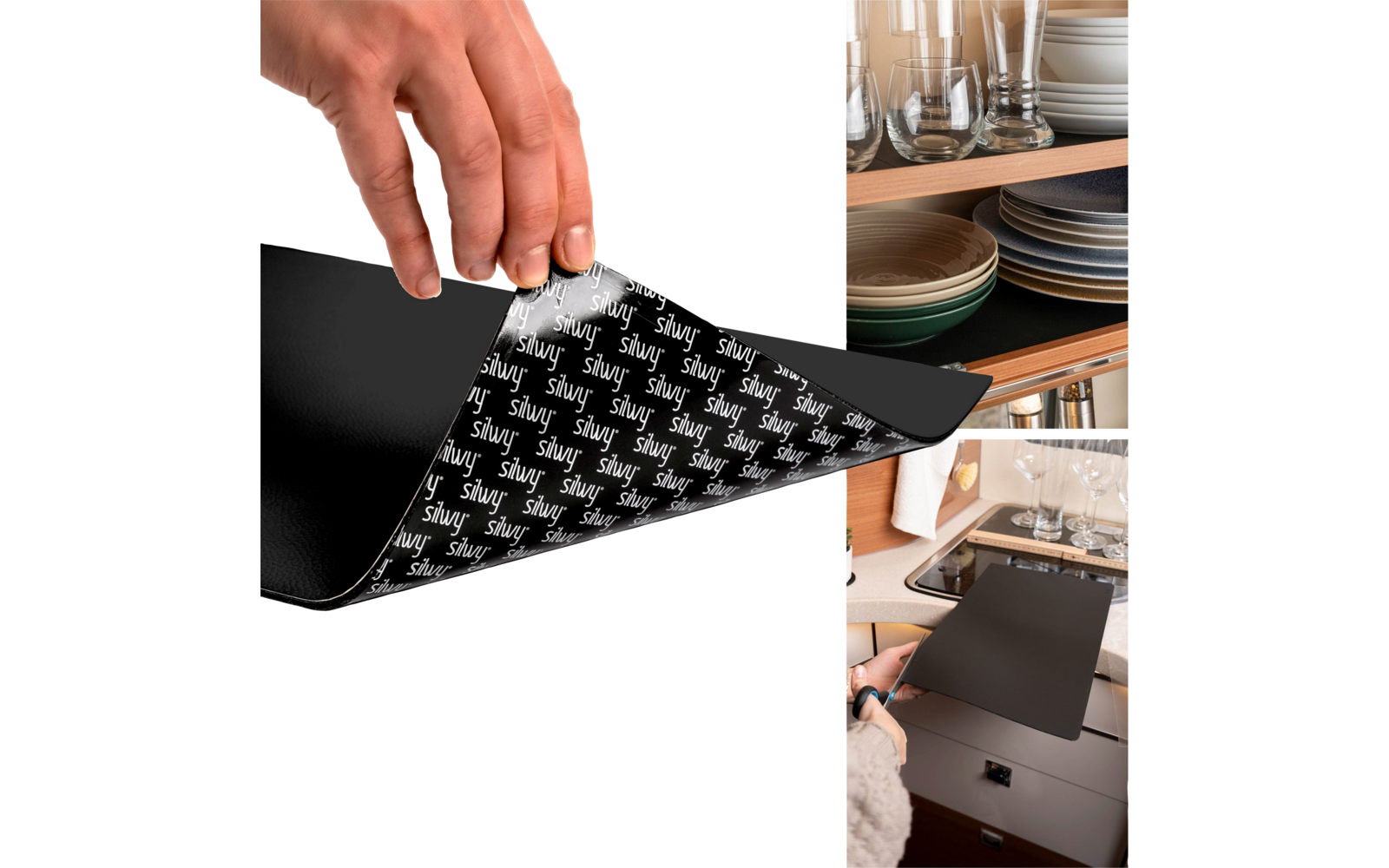Hand hebt Ecke einer schwarzen Matte; umgeklappte Ecke zeigt Rückseite mit wiederholtem weißen Schriftzug. Rechts Regal mit gestapelten Tellern und Gläsern sowie eine Schublade, in die eine weitere schwarze Matte gelegt wird