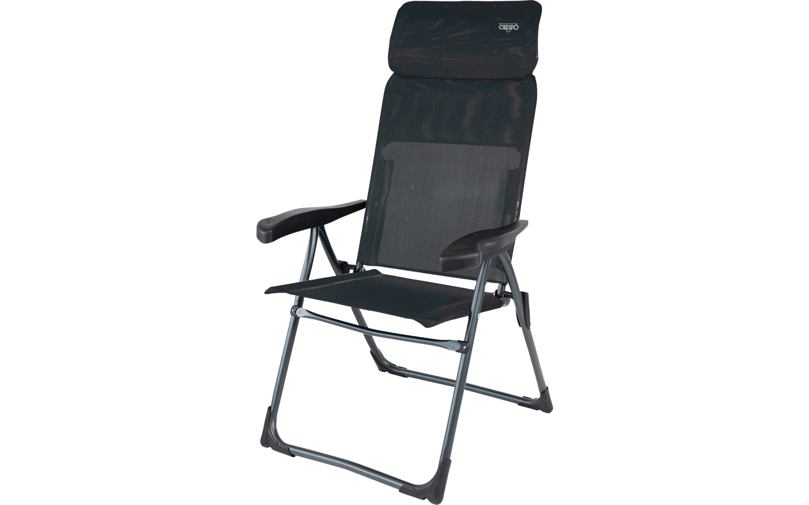 Chaise pliante noire avec appuie-tête rembourré et accoudoirs