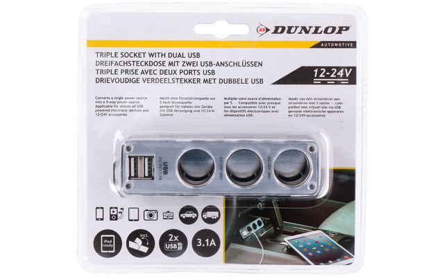 Prise triple Dunlop 12/24 V avec 2 x USB