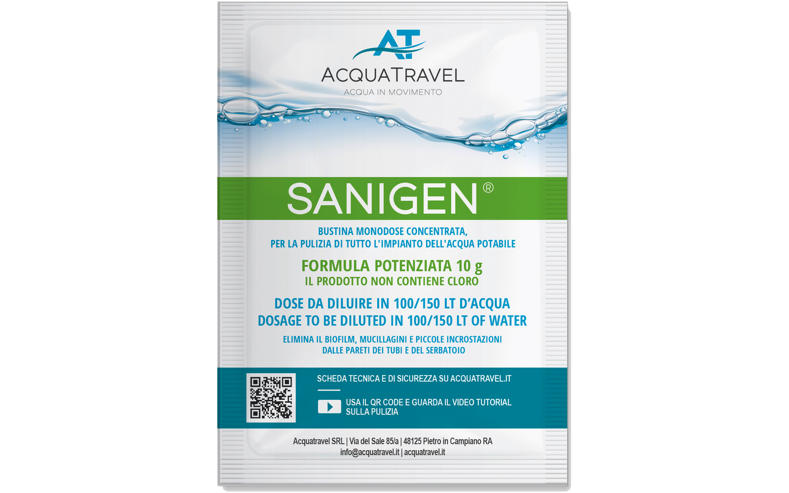 Sachet monodose blanc avec motif vague d'eau, logo ACQUATRAVEL en haut, bande verte au centre avec le texte "SANIGEN" en grand, en dessous des blocs de texte multilingues et un code QR