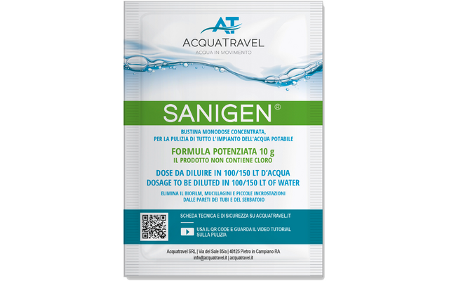 Sachet monodose blanc avec motif vague d'eau, logo ACQUATRAVEL en haut, bande verte au centre avec le texte "SANIGEN" en grand, en dessous des blocs de texte multilingues et un code QR
