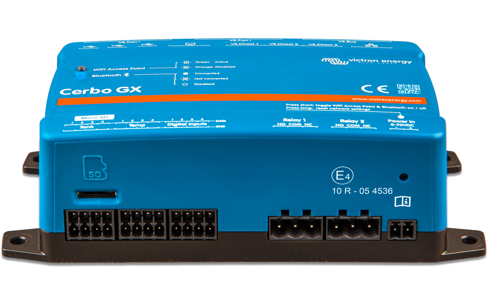 Blaues rechteckiges Gerät mit Schrauben, Montageschenkeln und mehreren schwarzen Steckverbindern auf der Vorderseite, Aufdruck Cerbo GX