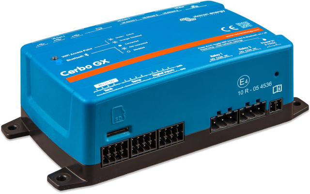 Blaues rechteckiges Elektronikgerät mit mehreren Steckanschlüssen, weißen Beschriftungen und Befestigungsösen