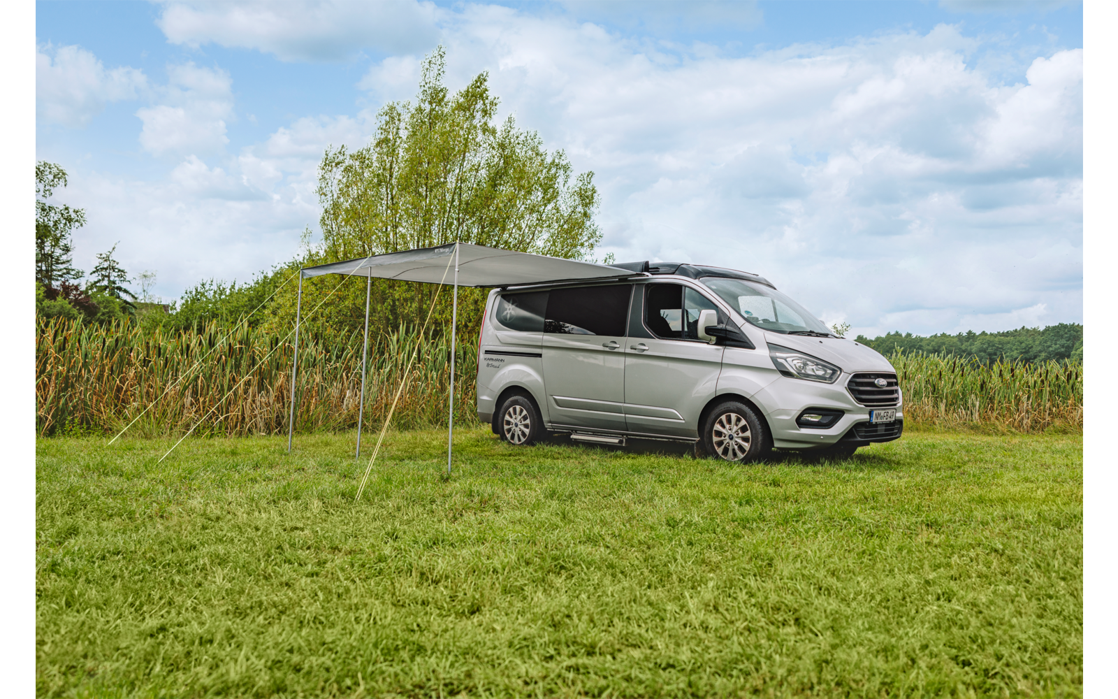 Zilveren camperbus met uitgeklapte luifel op groen gras, riet en bomen op de achtergrond, bewolkte lucht