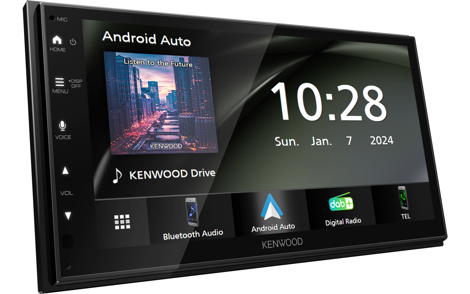 Kenwood-touchscreen met vermelding 'Android Auto', een albumhoes, tijd 10:28 en datum 'Sun. Jan. 7 2024', pictogrammen voor Bluetooth Audio, Android Auto, Digital Radio en telefoon