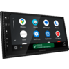 Zwart Kenwood-touchscreen met app-pictogrammen (Maps, Waze, Messages, Phone, Exit, Settings, Calendar, YT Music), groen navigatiebalkje '1000 ft Central Express Way', tijd '12:35' en bedieningsknoppen links