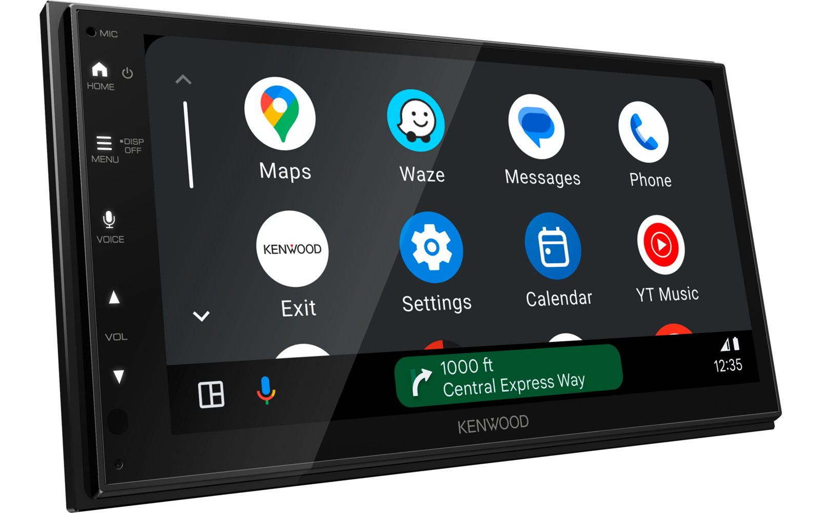 Zwart Kenwood-touchscreen met app-pictogrammen (Maps, Waze, Messages, Phone, Exit, Settings, Calendar, YT Music), groen navigatiebalkje '1000 ft Central Express Way', tijd '12:35' en bedieningsknoppen links