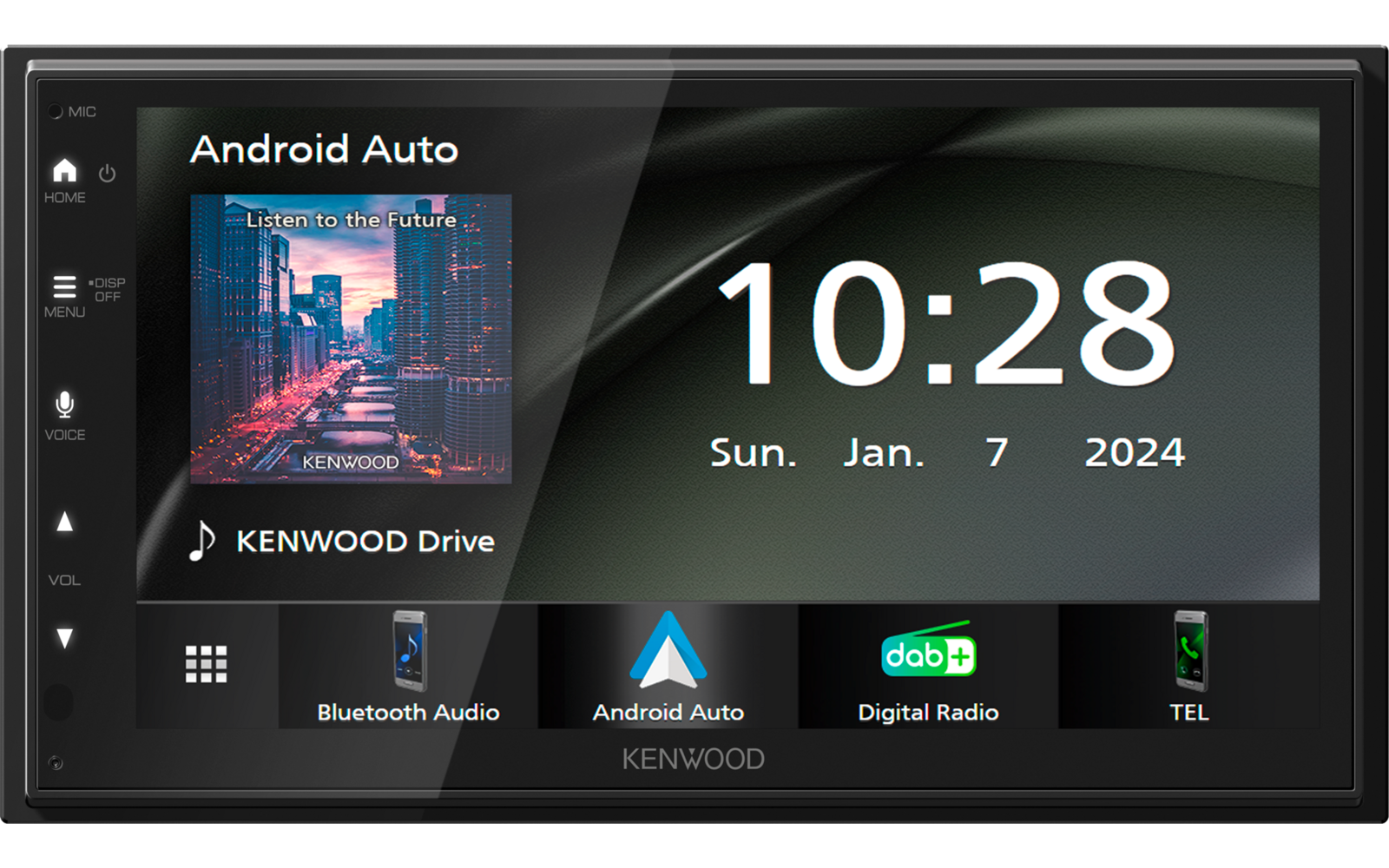 KENWOOD-autostereo-display met tijd 10:28, datum Sun. Jan. 7 2024, albumhoes links, tekst 'Android Auto' linksboven, pictogrammen onder: Bluetooth Audio, Android Auto, Digital Radio, TEL, KENWOOD-logo onderaan