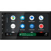 Zwart touchscreen met app-pictogrammen (Maps, Waze, Messages, Phone, Kenwood, Exit, Settings, Calendar, YT Music), groene navigatiebalk "1000 ft Central Express Way", merknaam "KENWOOD" en tijd "12:35"