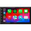 Kenwood-touchscreen met Kenwood-logo eronder; boven links tijd '15:45' en statuspictogrammen; scherm toont app-pictogrammen in een raster: Phone, Spotify, WhatsApp (rode melding '1'), Messages, Music, Maps, Waze en Home; linkerzijbalk met kleine pictogrammen