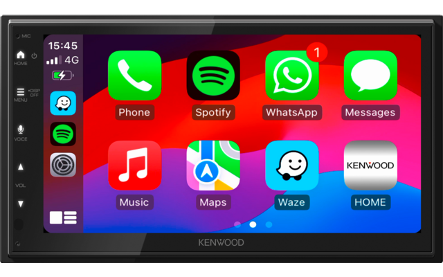 Kenwood-touchscreen met Kenwood-logo eronder; boven links tijd '15:45' en statuspictogrammen; scherm toont app-pictogrammen in een raster: Phone, Spotify, WhatsApp (rode melding '1'), Messages, Music, Maps, Waze en Home; linkerzijbalk met kleine pictogrammen