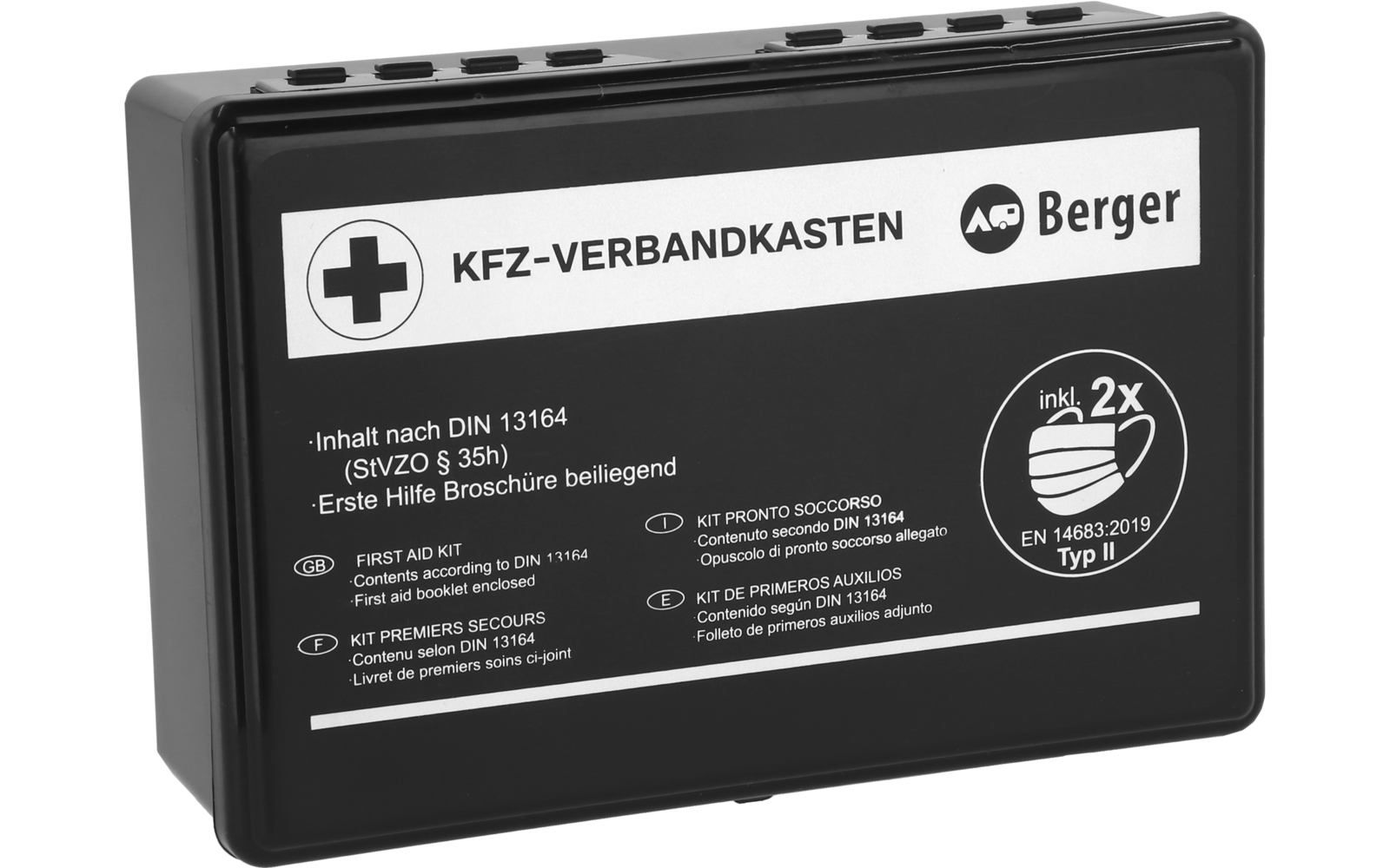 Schwarze, rechteckige Kunststoffbox mit weißem Etikett, schwarzem Kreuz und der Aufschrift 'KFZ-VERBANDKASTEN Berger', darunter kleingedruckter Text und Piktogramme