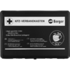 Schwarze, rechteckige Erste-Hilfe-Box mit Aufschrift "KFZ-VERBANDKASTEN", Markenname "Berger", Piktogramm mit zwei Masken und Text "inkl. 2x EN 14683:2019 Typ II"