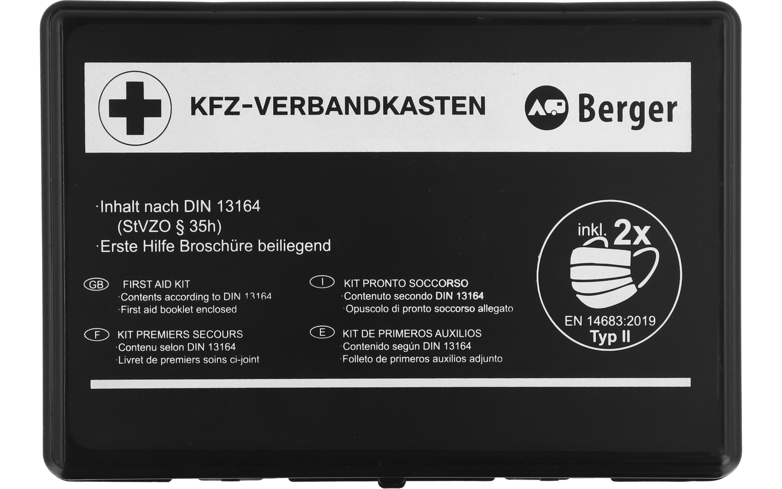 Schwarze, rechteckige Erste-Hilfe-Box mit Aufschrift "KFZ-VERBANDKASTEN", Markenname "Berger", Piktogramm mit zwei Masken und Text "inkl. 2x EN 14683:2019 Typ II"