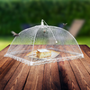 Ein Käse unter einer transparenten Abdeckhaube auf einem Holztisch im Freien