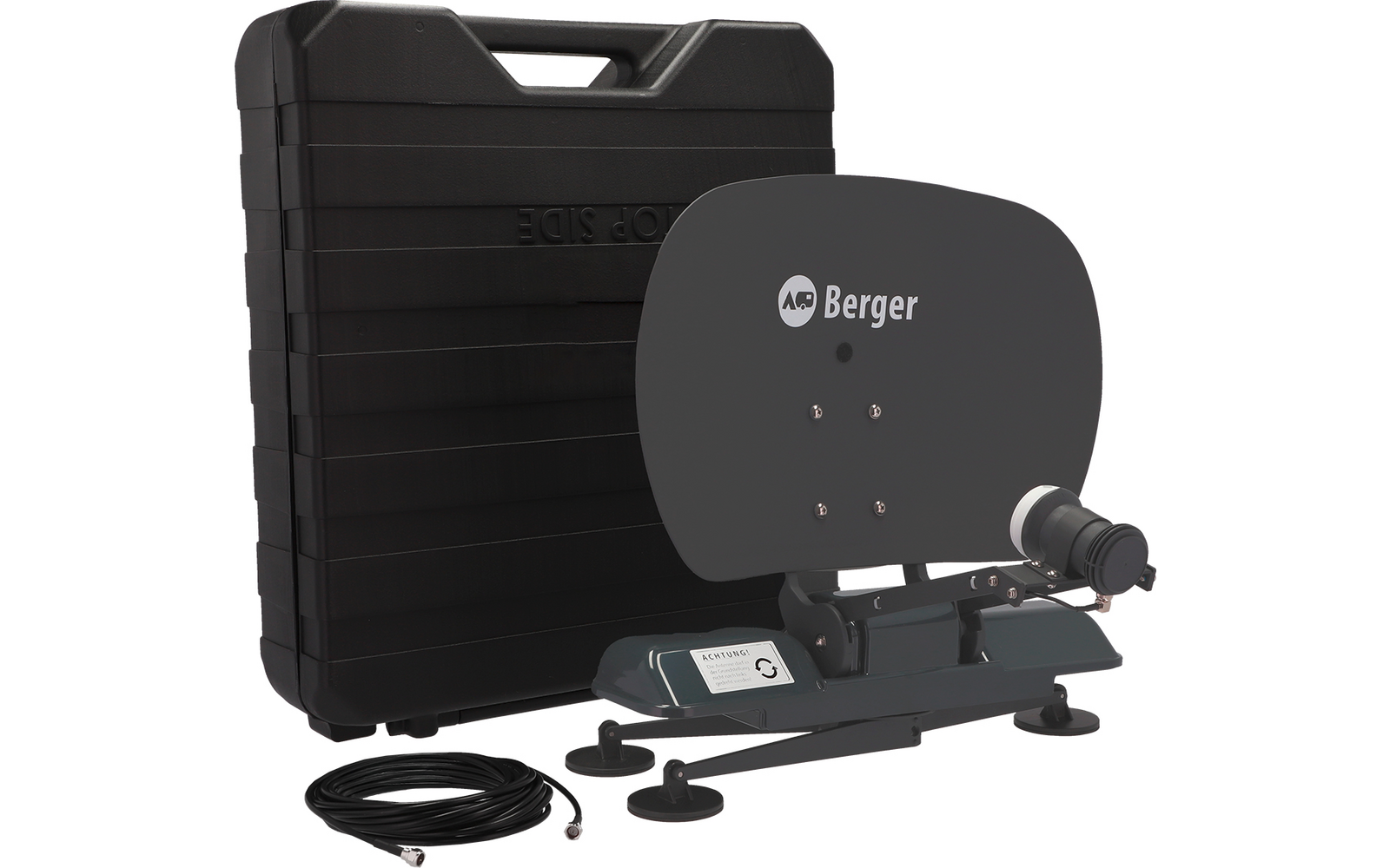 Flache dunkelgraue Antenne mit Berger-Schriftzug auf grauem Metallgestell, aufgerolltes schwarzes Kabel, schwarzer Hartschalen-Koffer im Hintergrund